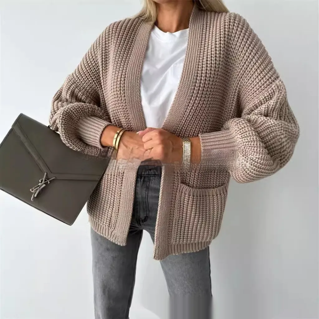 Solid Color Cardigan Knitted Sweater - Lotus Root Color - View 1