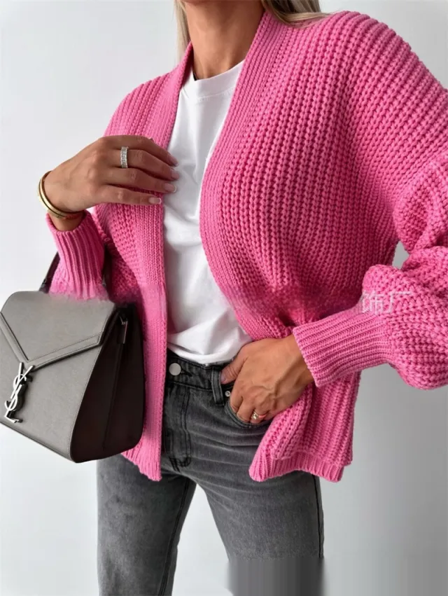 Solid Color Cardigan Knitted Sweater Pink - Shop at LoveMi