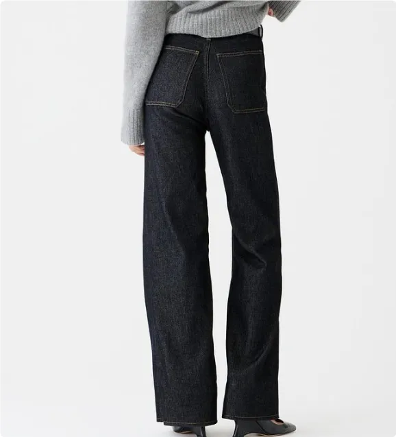 Loose Leisure Washed-out Button Slightly Flared Jeans - Navy Blue Lengthened