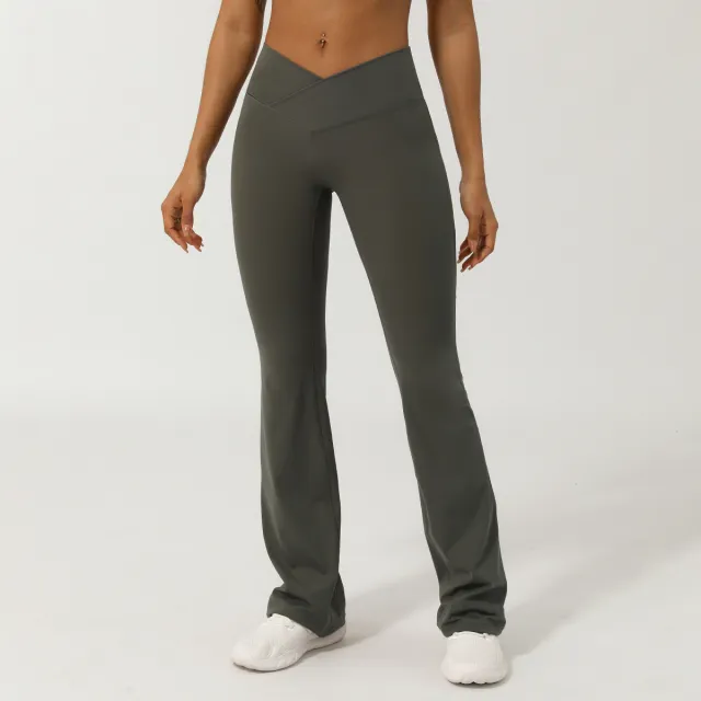 European And American Nude Feel V Waist Cross Wide Leg Pants For Women Army Green - Shop at LoveMi