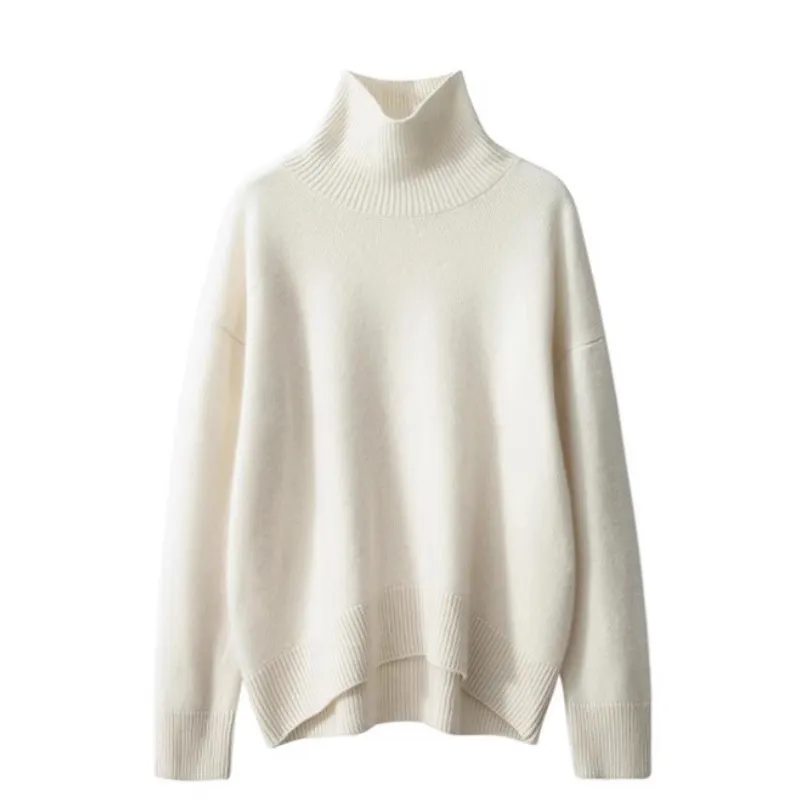 Women's Minimalist Turtleneck Wool Thick Loose Idle Style Knitted Bottoming Sweater - White