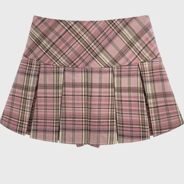Retro College Style Yellow Jk Plaid Pleated Skirt For Women Pink Plaid - Shop at LoveMi