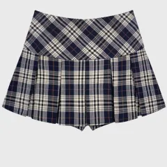 Retro College Style Yellow Jk Plaid Pleated Skirt For Women - Navy Grid - View 1