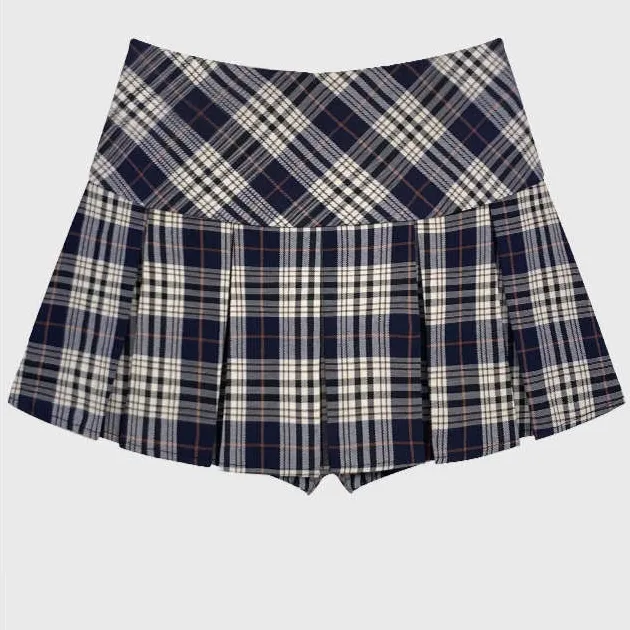 Retro College Style Yellow Jk Plaid Pleated Skirt For Women Navy Grid - Shop at LoveMi