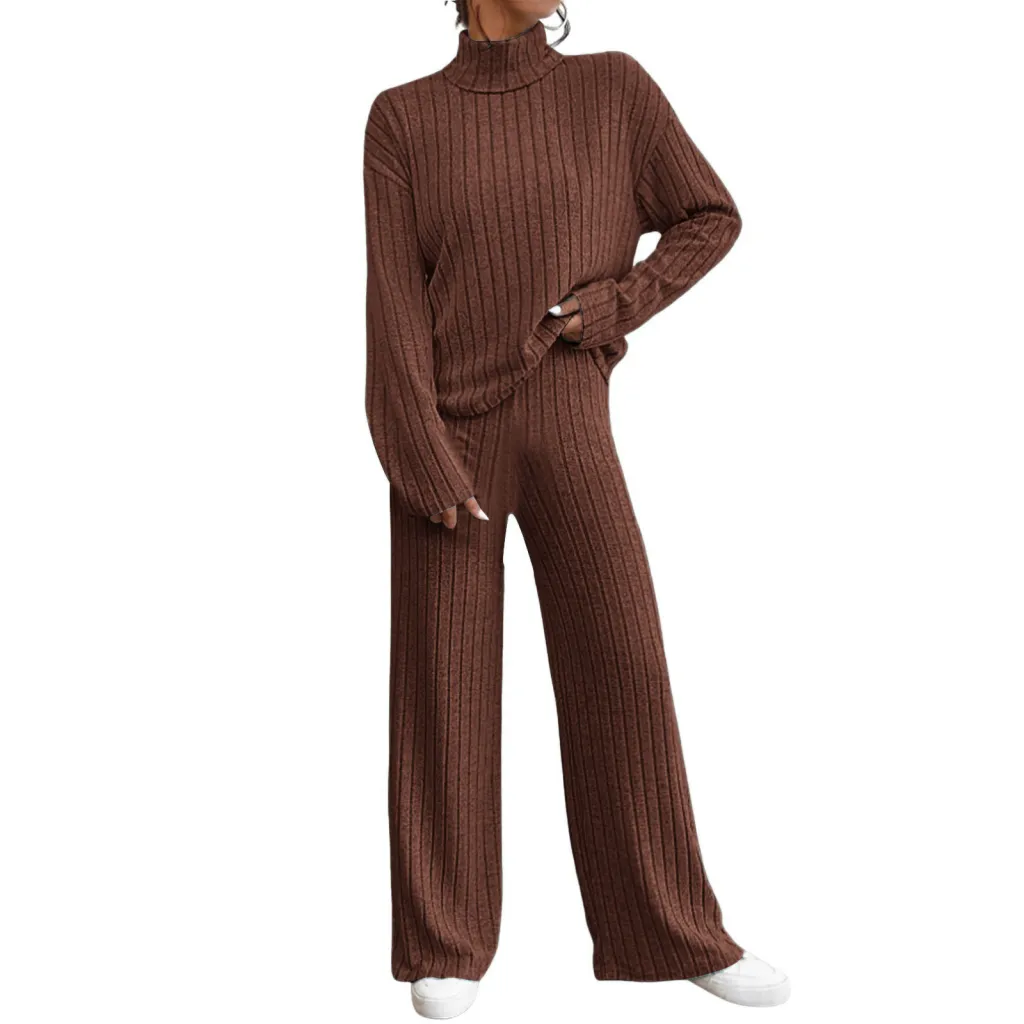 Autumn And Winter Leisure Turtleneck Knitting Long-sleeve Suit Women's Sweater Loose Trousers Two-piece Set - Coffee