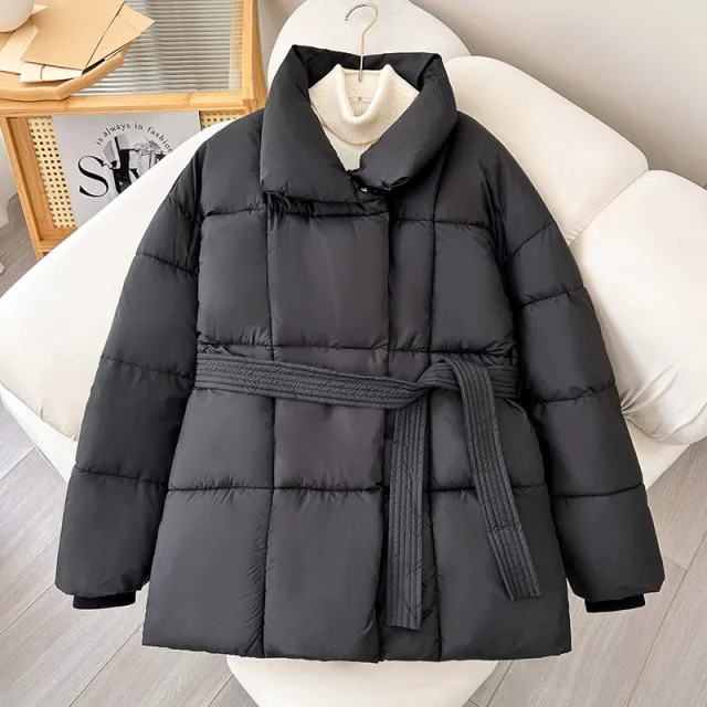 Warm Lapel Plaid Coat With Belt Design Fashion Casual Thick Jacket Fall And Winter Women's Clothing Black - Shop at LoveMi