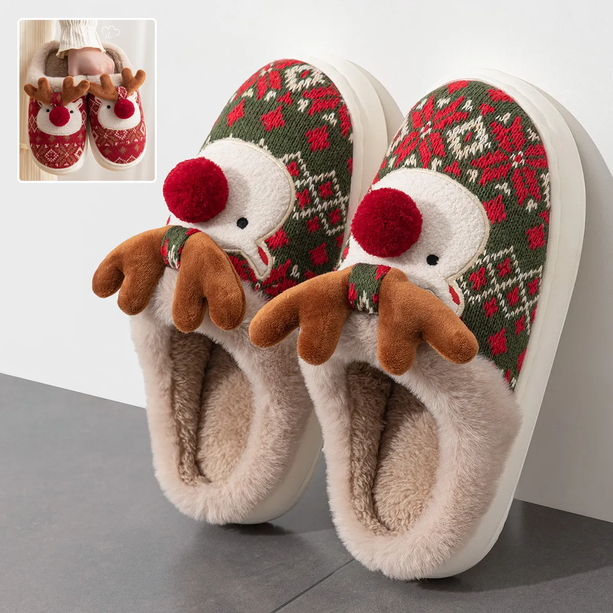 Cute Christmas Elk Plush Slippers Winter Ins