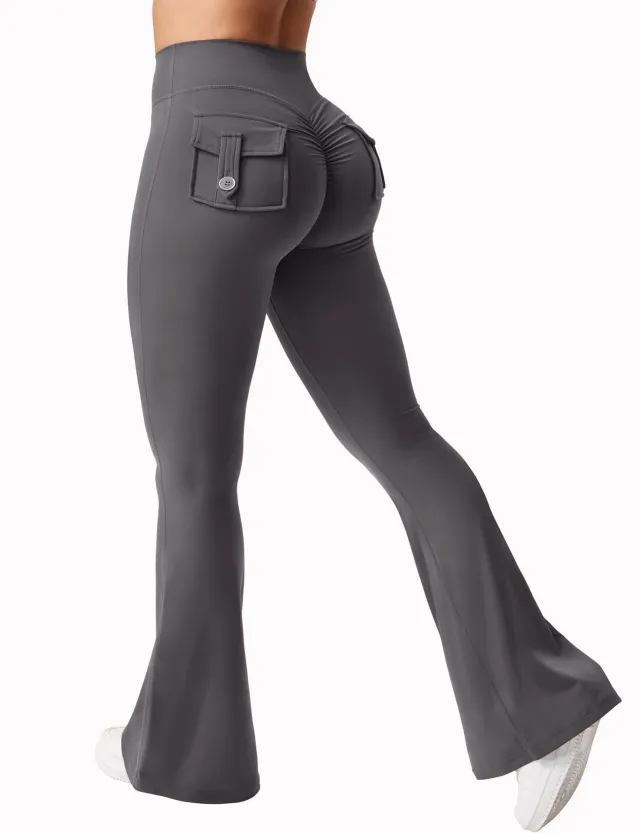 Yoga Tooling Style Peach Hip Pocket Bell bottom Pants Sports Quick drying Gray - Shop at LoveMi