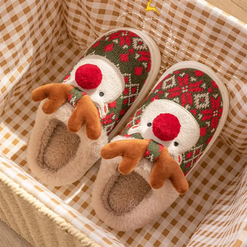 Cute Christmas Elk Plush Slippers Winter Ins