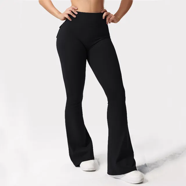 Yoga Tooling Style Peach Hip Pocket Bell bottom Pants Sports Quick drying Black - Shop at LoveMi