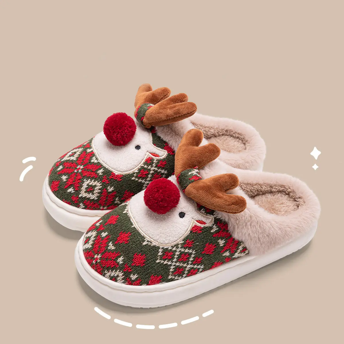 Cute Christmas Elk Plush Slippers Winter Ins Fashion Non-slip Floor Bedroom Home