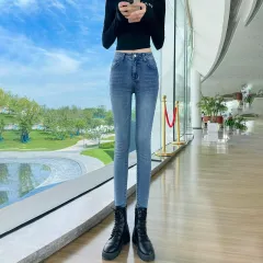 Dark Blue Jeans Women's High Waist Spring Stretch Slimming Skinny Close-fitting Fleece - Retro 9 Points - View 1