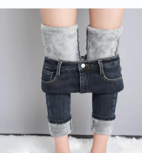 Dark Blue Jeans Women's High Waist Spring Stretch Slimming Skinny Close fitting Fleece Blue And Gray With Velvet - Shop at LoveMi