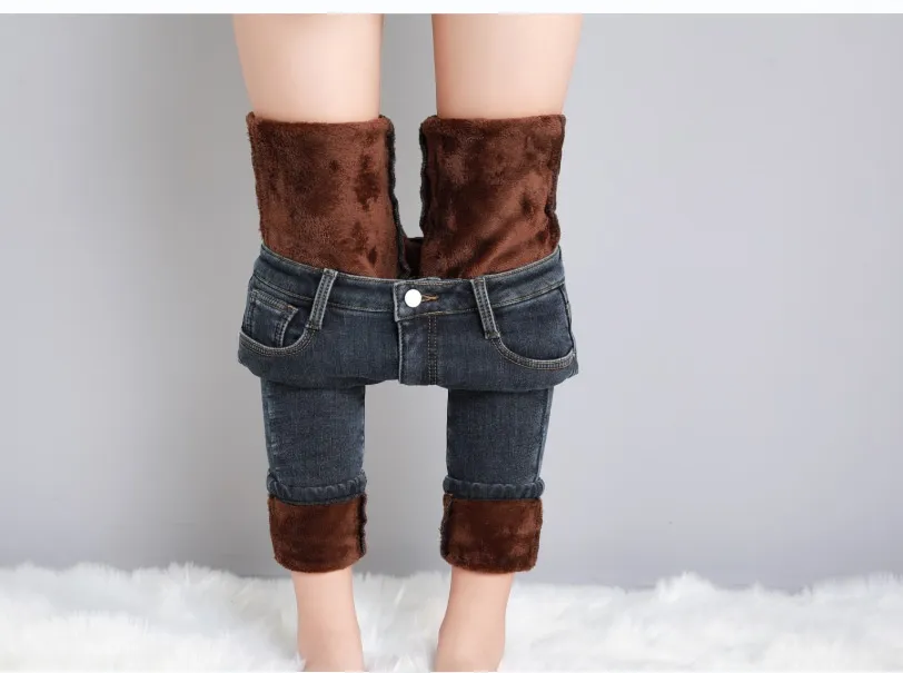 Dark Blue Jeans Women's High Waist Spring Stretch Slimming Skinny Close-fitting Fleece - Trousers Brown With Velvet