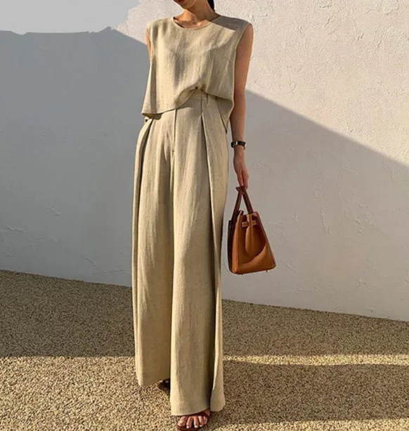 Cotton And Linen Casual Sleeveless Top Wide Leg Pants Two-piece Set - Khaki A