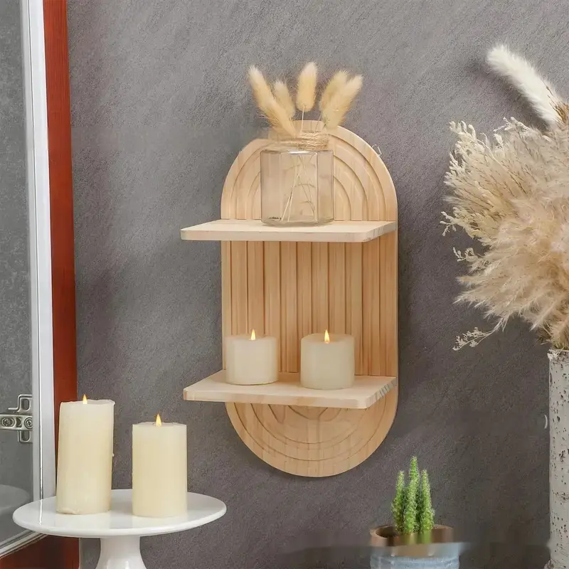Wooden Arch Wall Hanging Double Shelf Candlestick Vase Suitable For Living Room Bedroom Wall Decoration