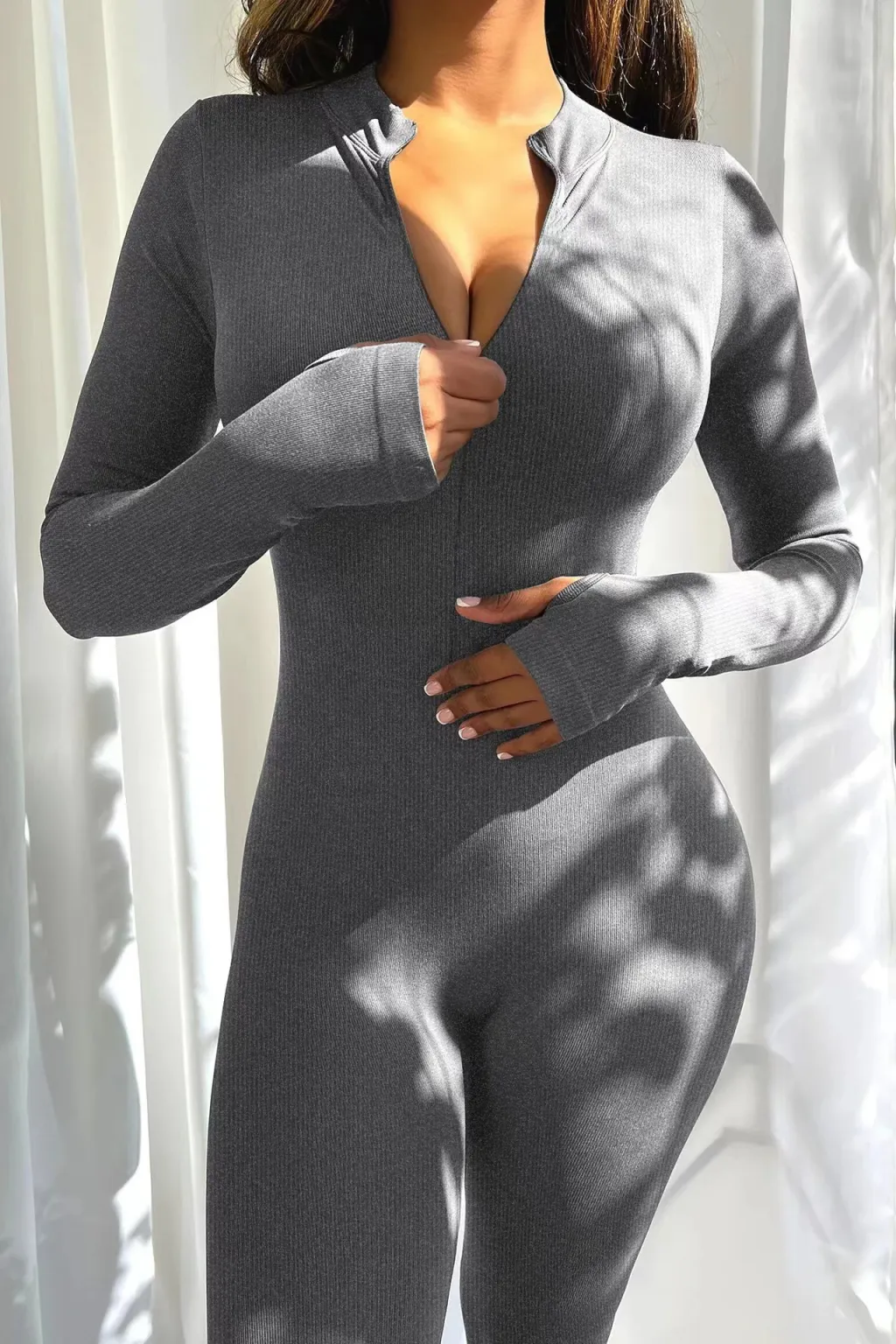Workout Ribbed Long Sleeve Zipper Casual Jumpsuit - Gray