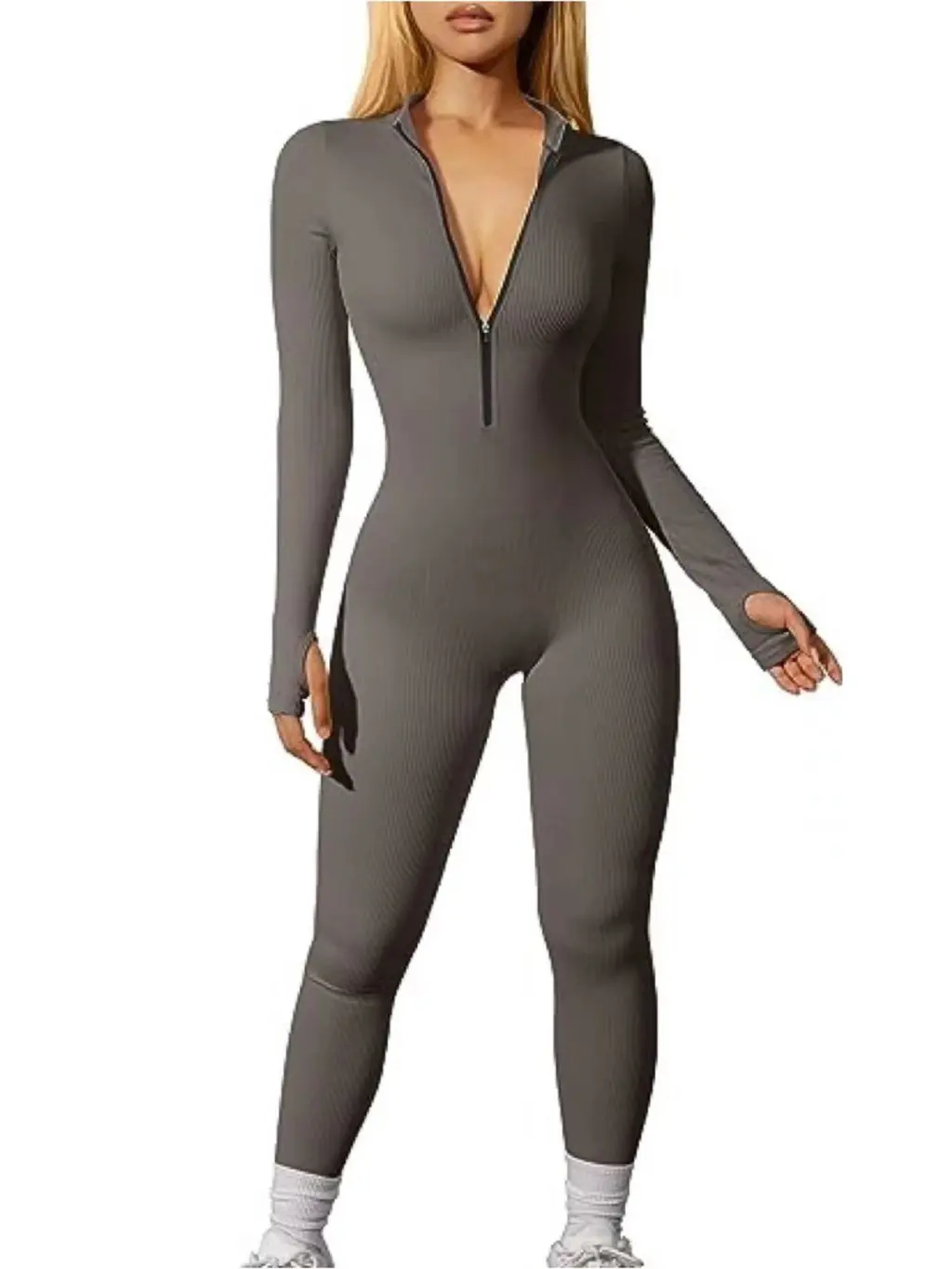 Workout Ribbed Long Sleeve Zipper Casual Jumpsuit - Dark Grey