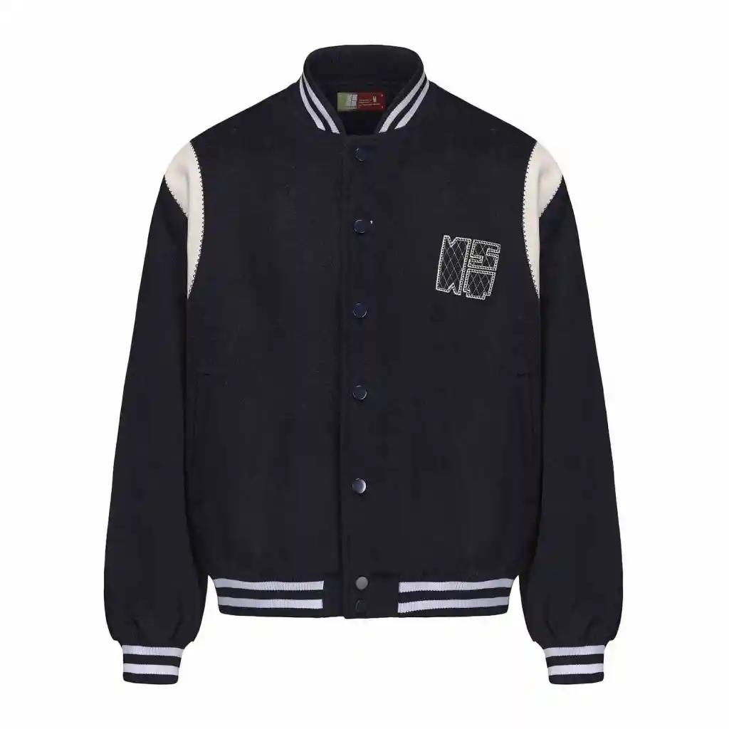Contrast Color Embroidered Couple's Baseball Uniform Jacket Coat - Dark Blue