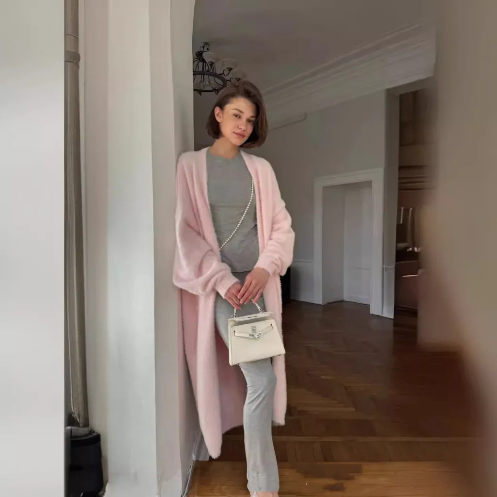 Sweater Suit Women's Loose Lengthened Cardigan Split Dress - Pink Cardigan