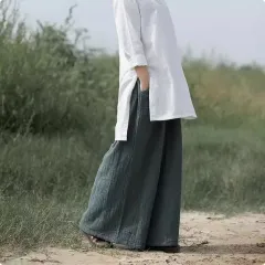 Stylish And Personalised Design Cotton And Linen Loose Big Leg Trousers Retro Elastic Waist - Green - View 1