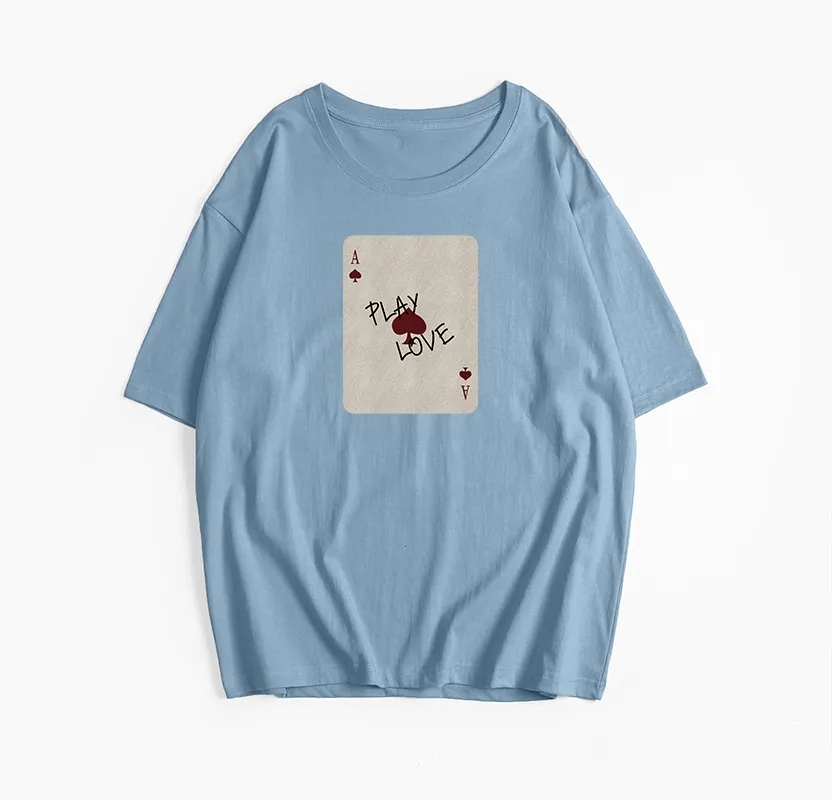 Cotton Short-sleeved Shirt Printed Round Neck T-shirt - Haze Blue