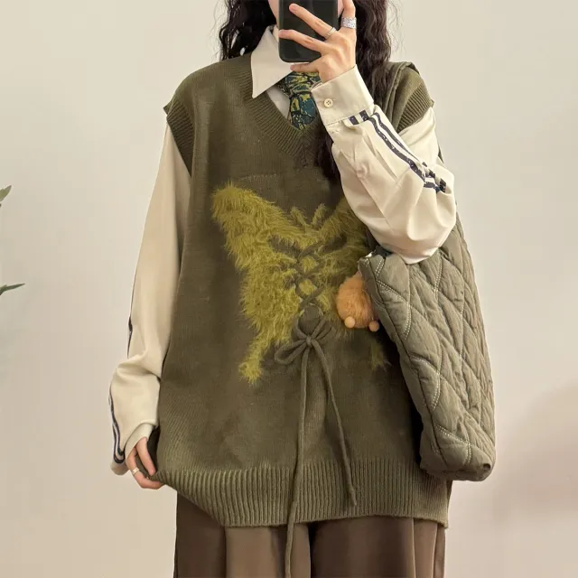 Butterfly Rope Knitwear V neck Sweater Vest Green - Shop at LoveMi