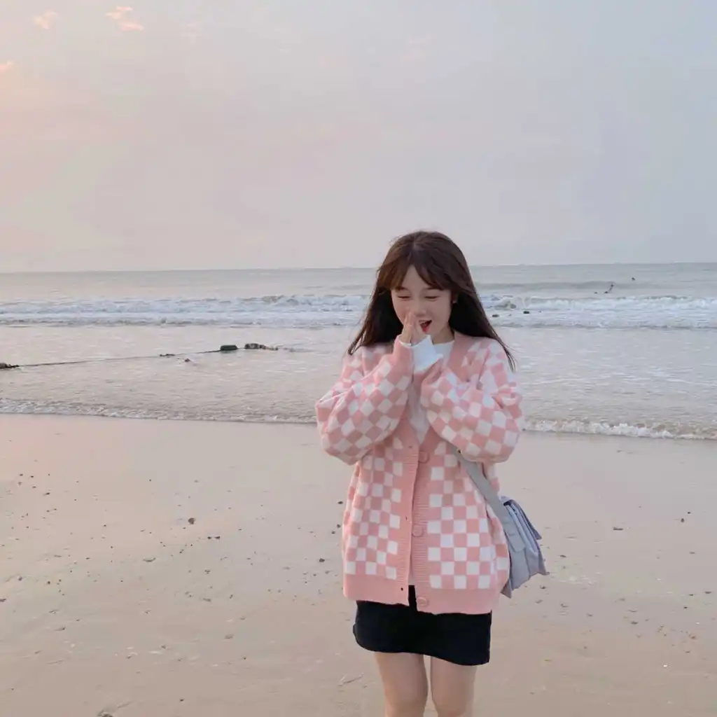 Chessboard Plaid V-neck Knitted Cardigan Coat Women's Loose Sweater - Pink