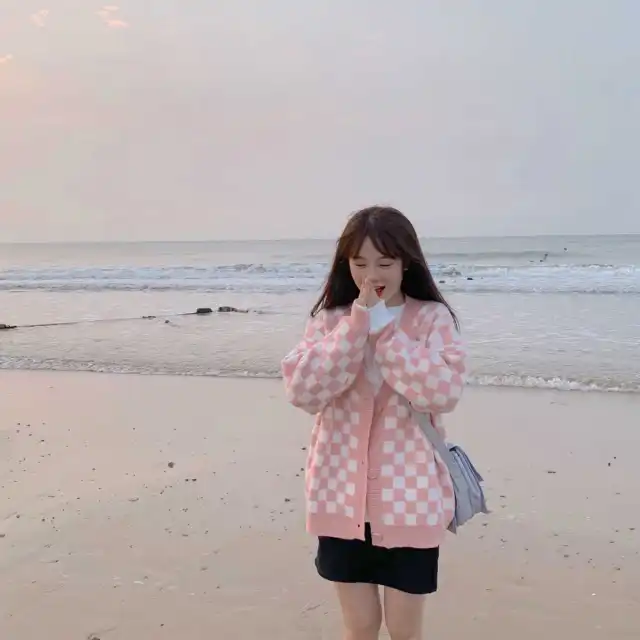Chessboard Plaid V neck Knitted Cardigan Coat Women's Loose Sweater Pink - Shop at LoveMi