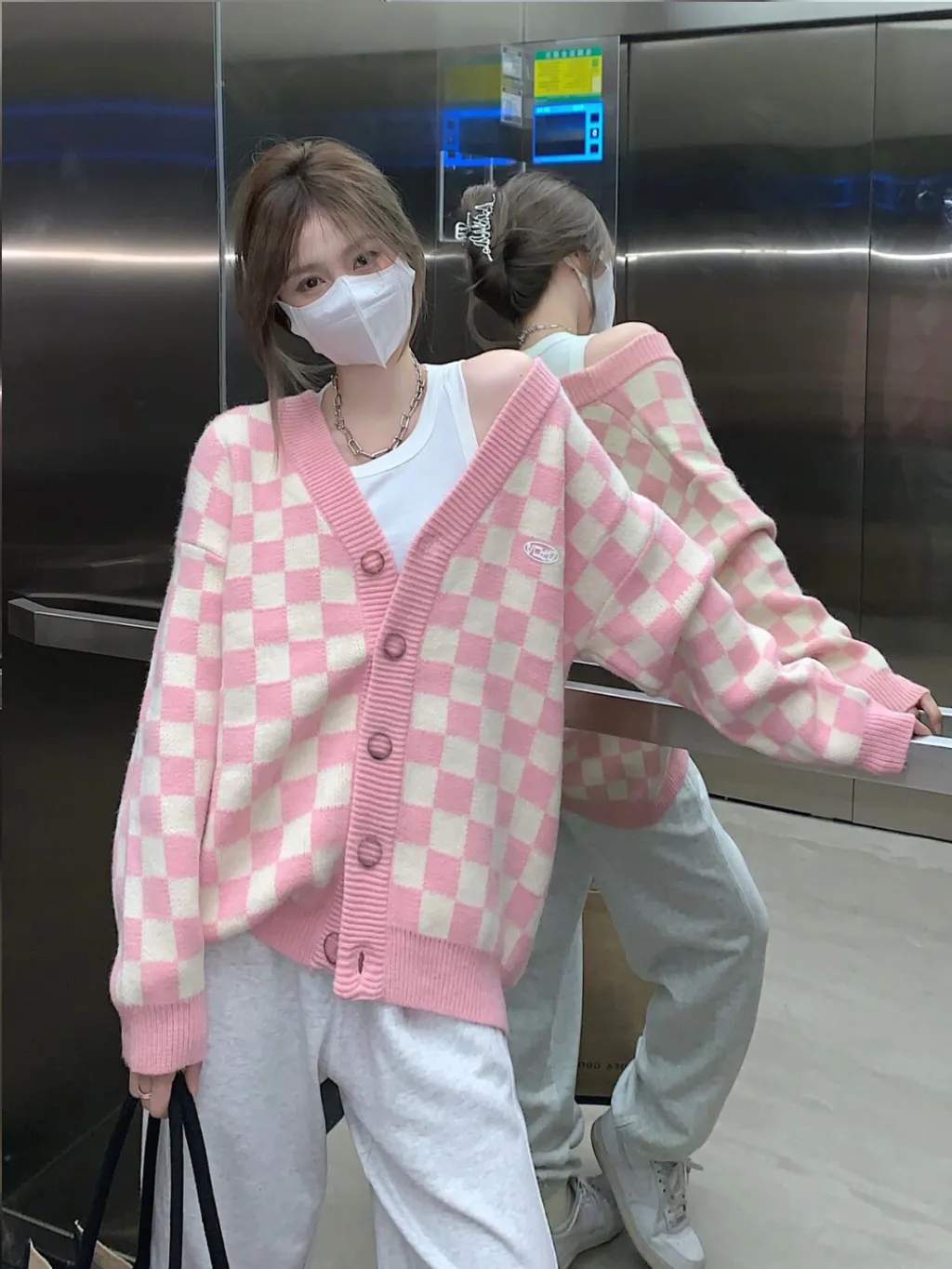 Checkered V-neck Cardigan Sweater Loose Casual Jacket - Pink