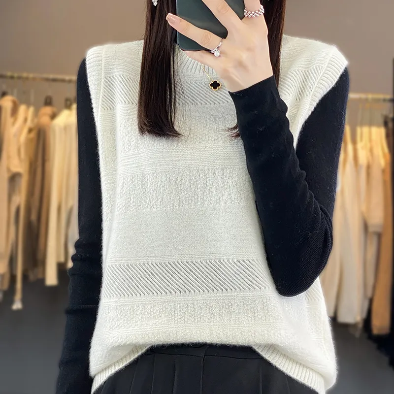 Women's Round Neck Knitted Pullover Cashmere Sweater Waistcoat Loose Wool Vest Slimming Vest - White