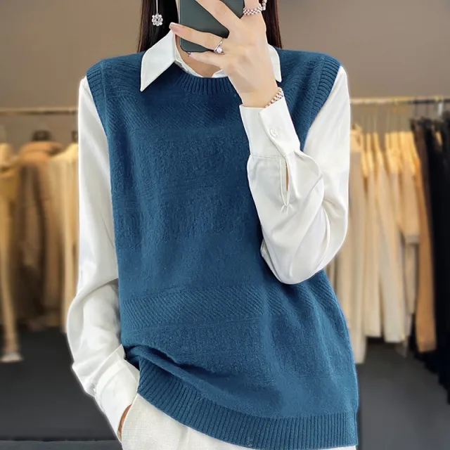 Women's Round Neck Knitted Pullover Cashmere Sweater Waistcoat Loose Wool Vest Slimming Vest Seaweed Blue - Shop at LoveMi