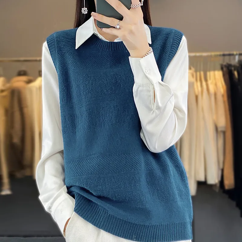 Women's Round Neck Knitted Pullover Cashmere Sweater Waistcoat Loose Wool Vest Slimming Vest - Seaweed Blue