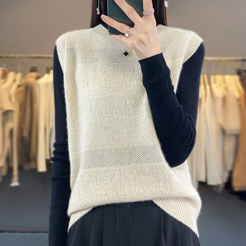 Women's Round Neck Knitted Pullover Cashmere Sweater Waistcoat Loose Wool Vest Slimming Vest - Cyan
