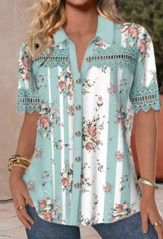 Women's Casual Shirt Collar Short Sleeve Regular Cardigan Digital Printing Blouse 3Picture - Shop at LoveMi