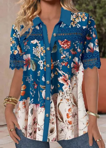 Women's Casual Shirt Collar Short Sleeve Regular Cardigan Digital Printing Blouse 5Picture - Shop at LoveMi