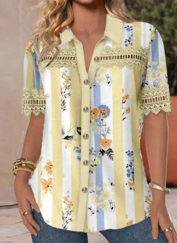 Women's Casual Shirt Collar Short Sleeve Regular Cardigan Digital Printing Blouse - 1Picture-M