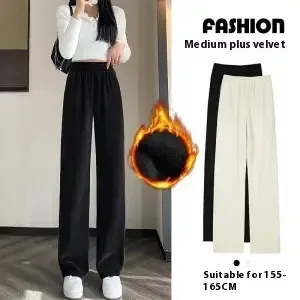 Add Fleece And Thick Wide Leg Pants For Women Small Straight Tube Loose And Thin Corduroy Black And Fleece Medium - Shop at LoveMi