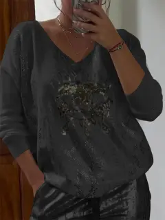 Women's Loose Casual Hot Stamping Printed Top - Black - View 1