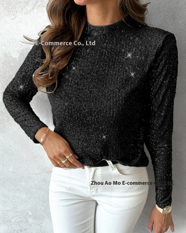 Autumn And Winter European And American Fashion Sequin Top Black - Shop at LoveMi