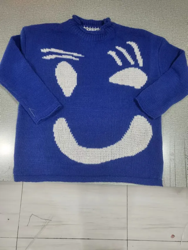 Women's Knitted Cartoon Pattern Pullover Crew Neck Sweater Dark Blue - Shop at LoveMi
