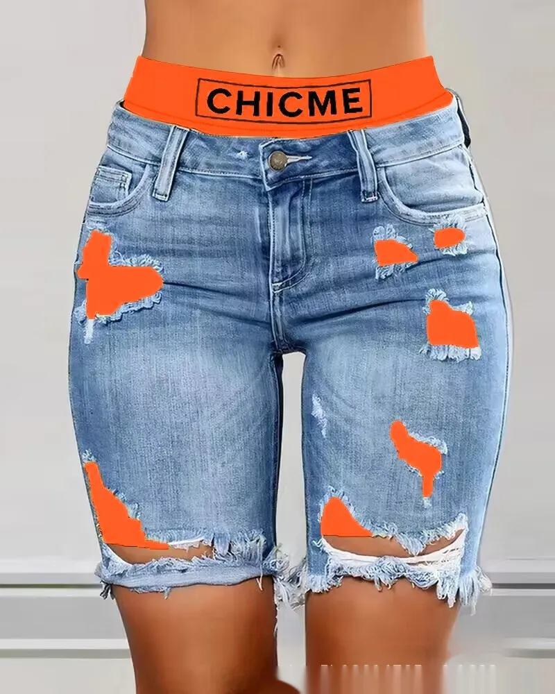 Color Contrast Patchwork Ripped Fake Two-piece Denim Shorts - Orange