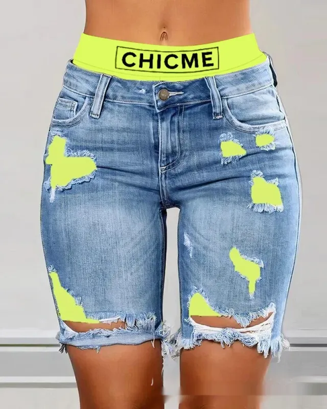 Color Contrast Patchwork Ripped Fake Two piece Denim Shorts Yellow - Shop at LoveMi