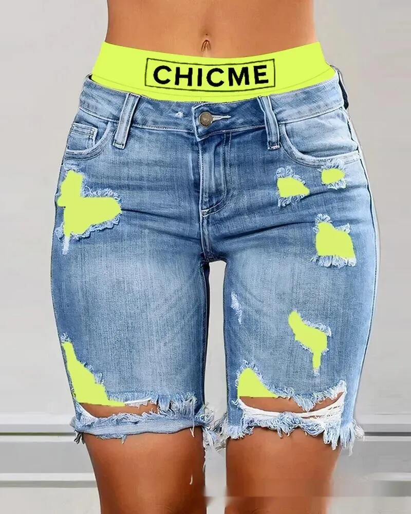 Color Contrast Patchwork Ripped Fake Two-piece Denim Shorts - Yellow
