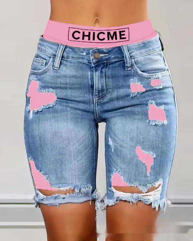 Color Contrast Patchwork Ripped Fake Two piece Denim Shorts Pink - Shop at LoveMi
