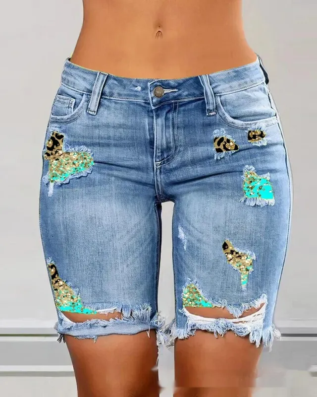 Color Contrast Patchwork Ripped Fake Two piece Denim Shorts Odf2601A L - Shop at LoveMi