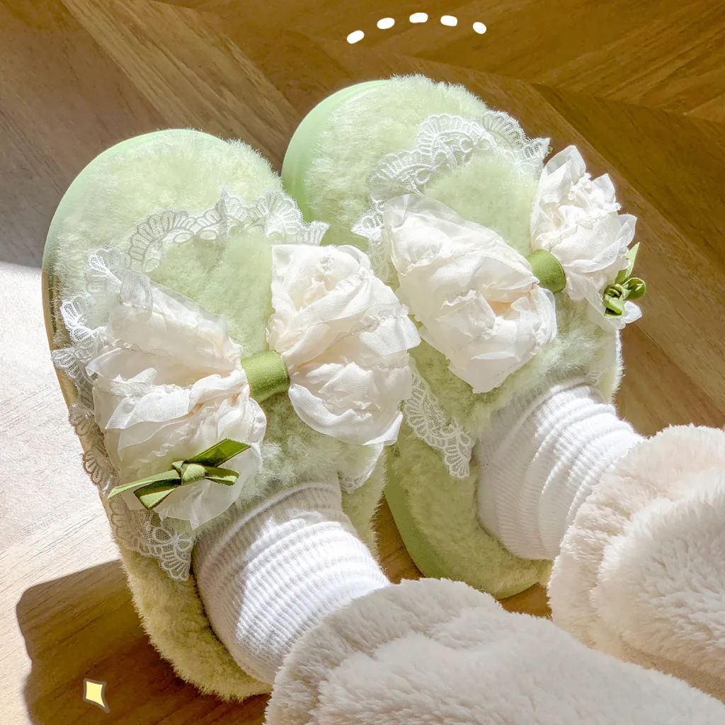 Indoor Warm Girl Plush Slippers For Home Use, Worn Outdoors In Autumn And Winter - Green