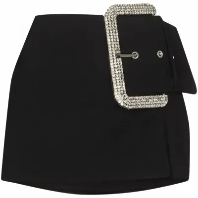 Belt Slit Mini Skirt With Big Diamond Buckle - Black2