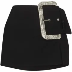 Belt Slit Mini Skirt With Big Diamond Buckle - Black2 - View 1
