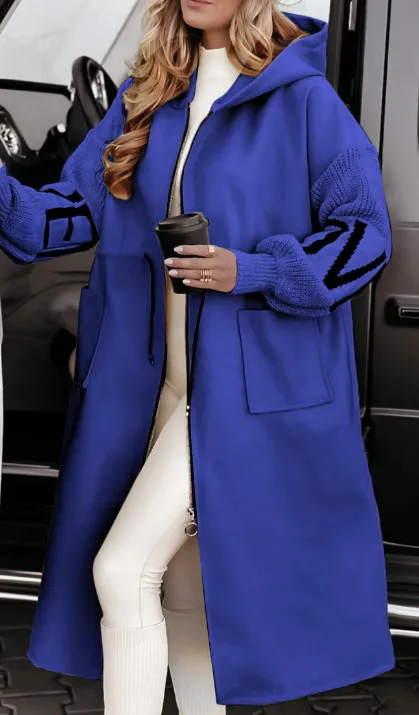 Hooded Windbreaker Long Jacket With Pockets And Drawstring Design Solid Color Knit Sleeved Trench Coat For Women Clothing Fall Winter Blue - Shop at LoveMi